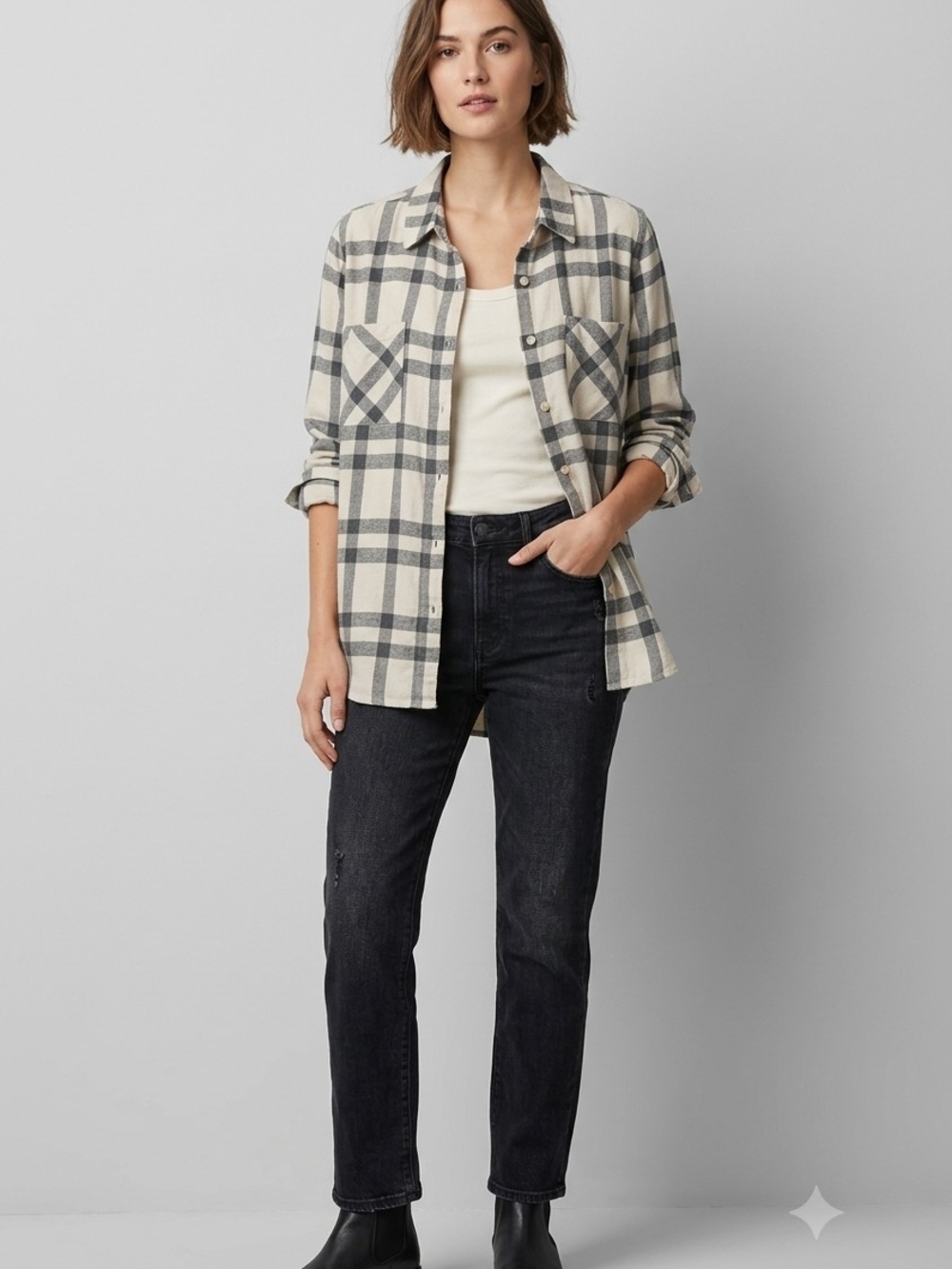Weekends Everyday Grey Cream Plaid Flannel Button Down Shirt Size Large